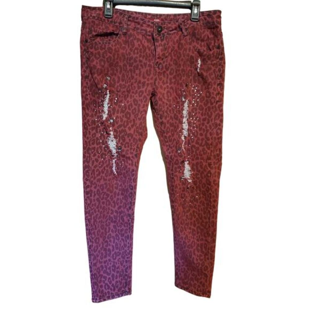 Bongo‎ Womens Sz 13 Skinny Jeans Red Animal Print Distressed Rhinestones
